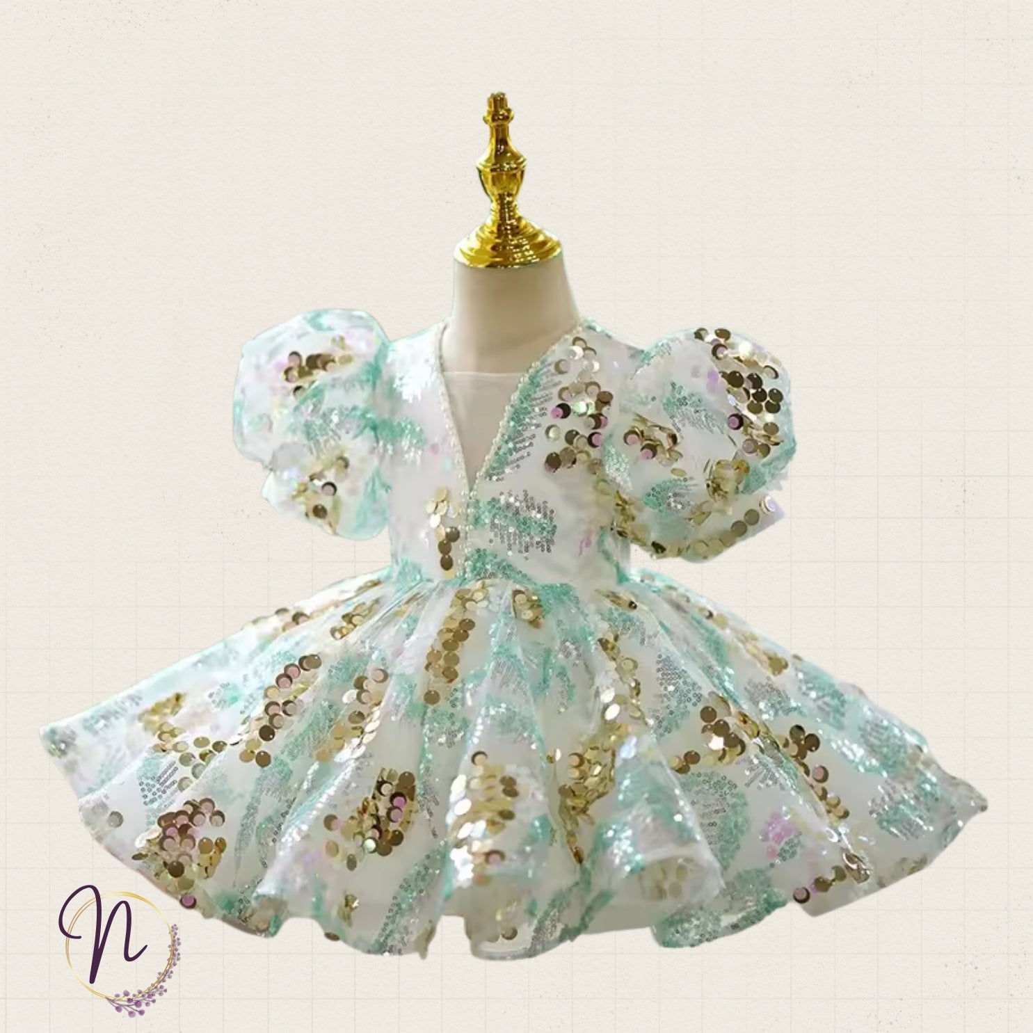 Mint Gold Sequin Princess Dress