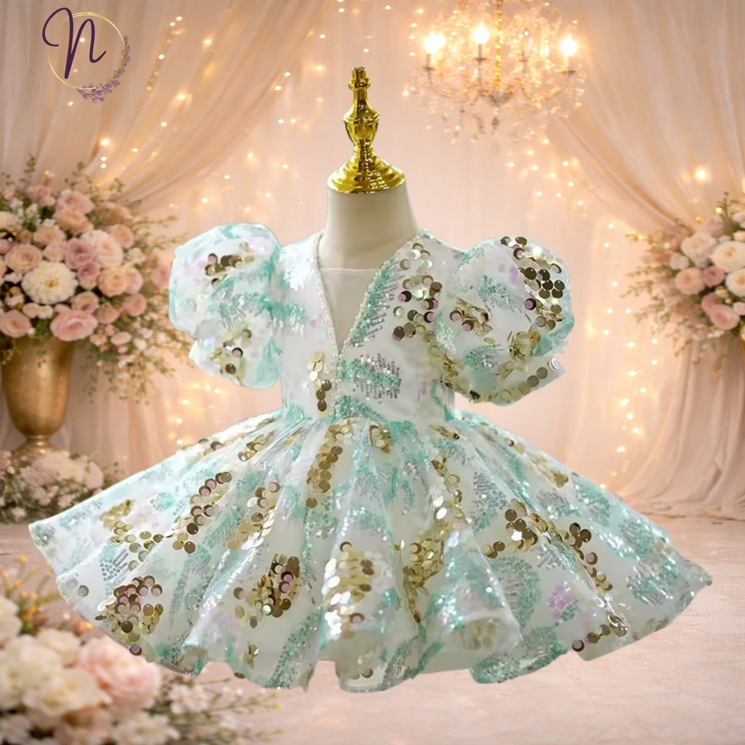 Mint Gold Sequin Princess Dress