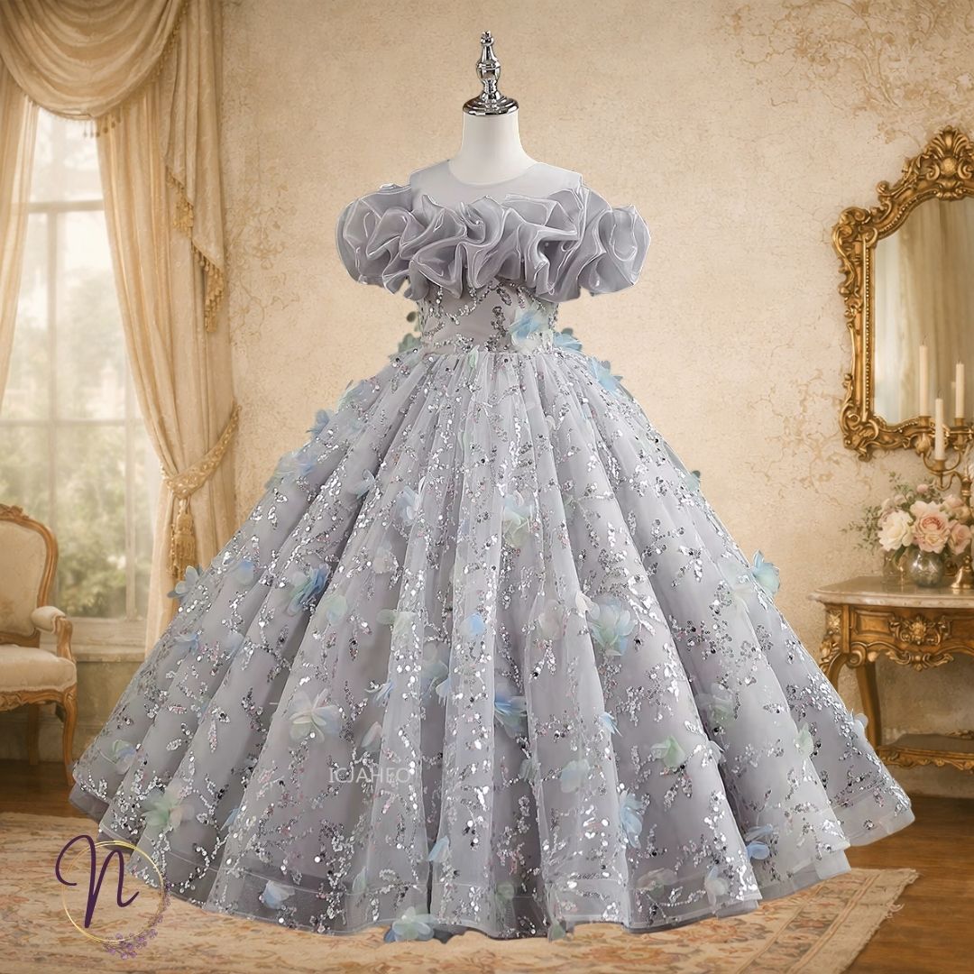 Silver Petal Couture Princess Dress