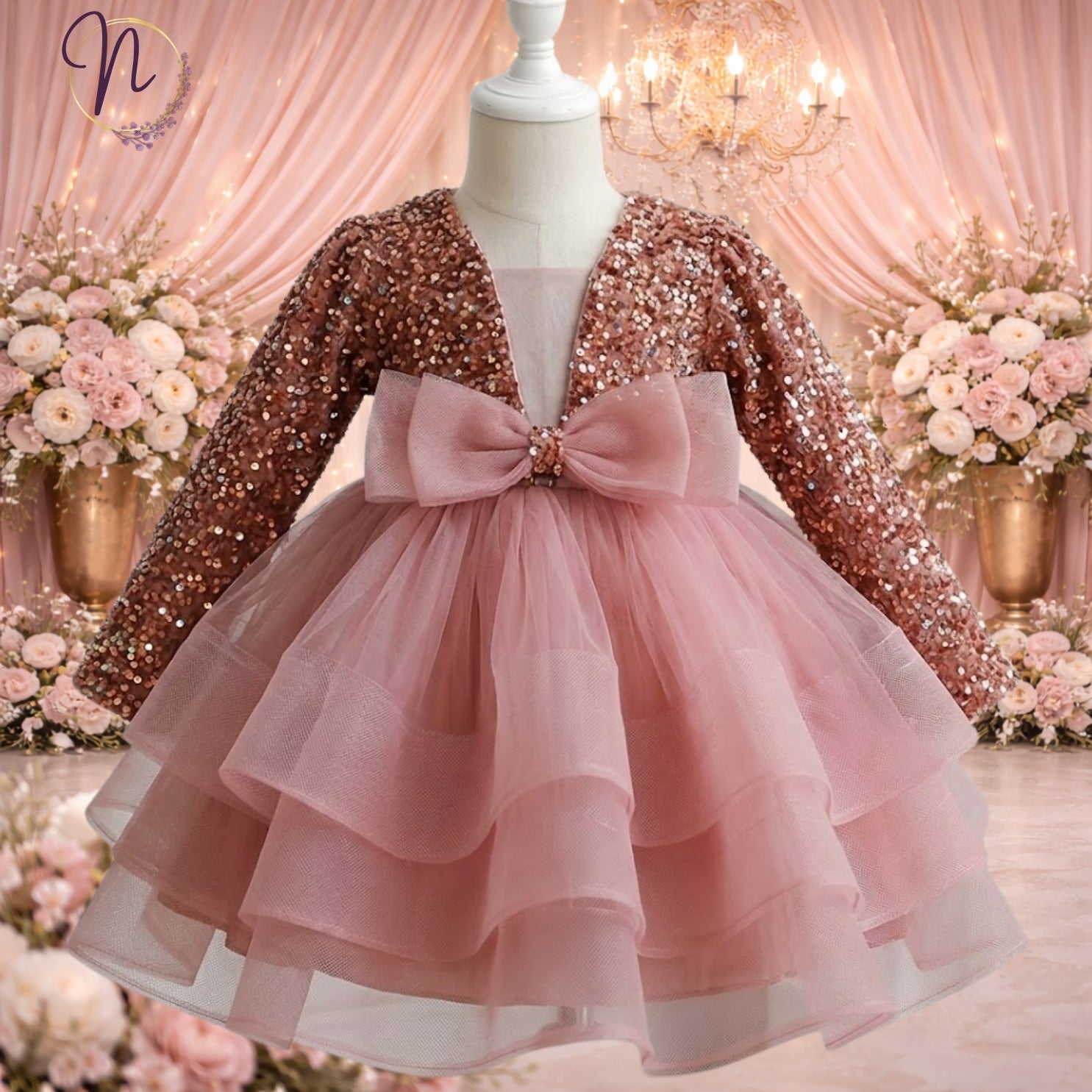 Rose Gold Sequin Tulle Party Dress
